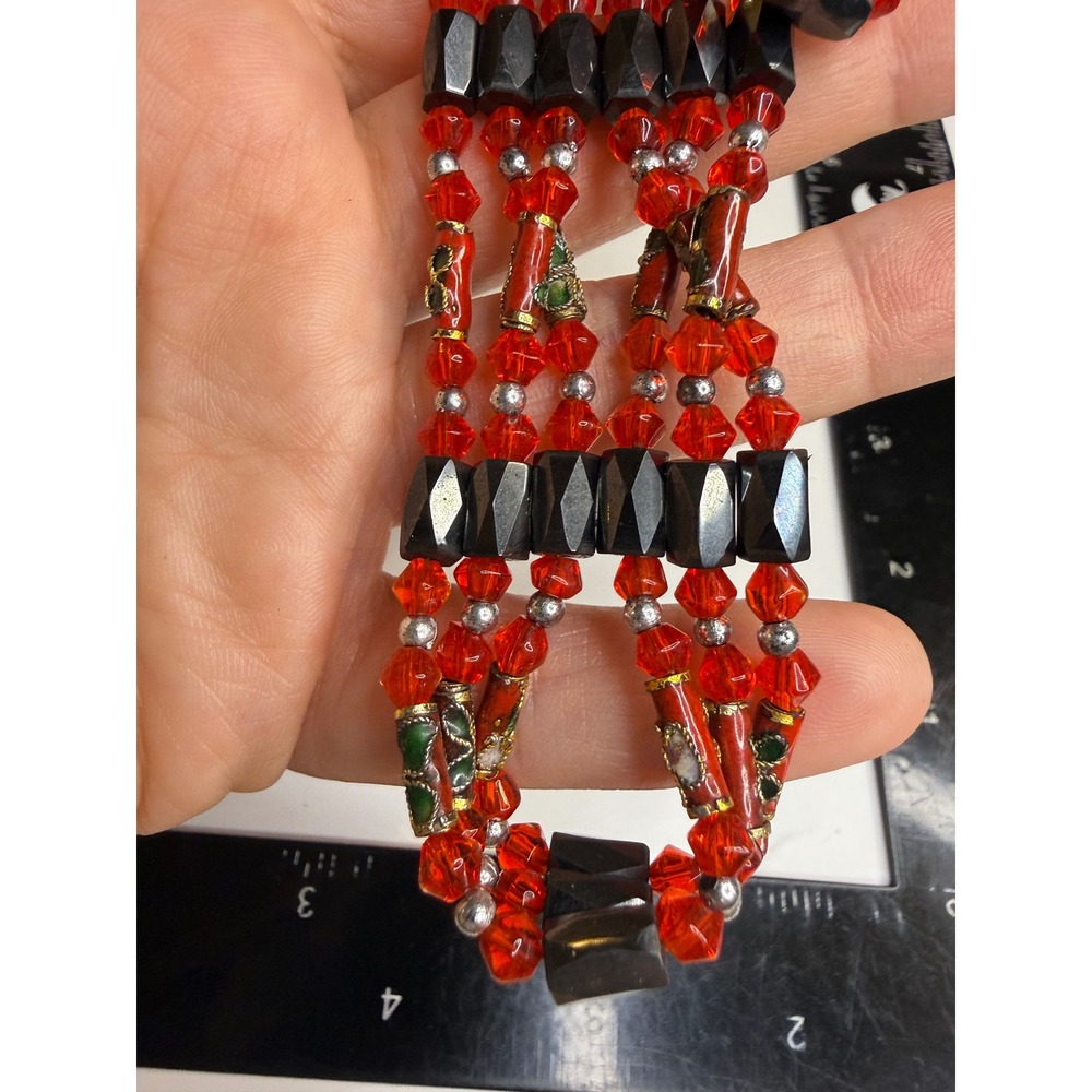 Red Cloisonne Multi Strand Beaded Necklace Black Geometric Crystal Statement